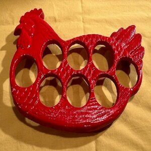 Red Cast Iron Chicken Egg Holder Trivet Farmhouse Kitchen 9 1/2" wide 0184-0731B